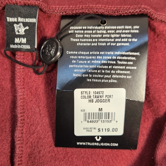 NWT Men's True Religion HS Tawny Port Joggers - Picture 2 of 8